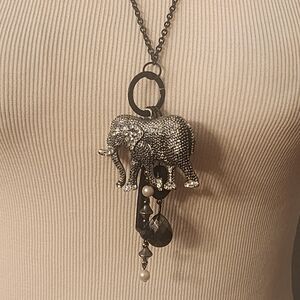 Silver Elephant w/ Rhinestones Large Pendant Necklace  With Long Black Chain